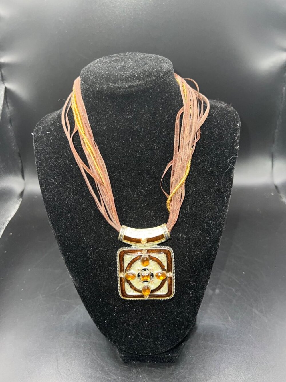 Boho Multi Strand Statement Necklace Amber Tone Beaded Square Pendant Seed Bead